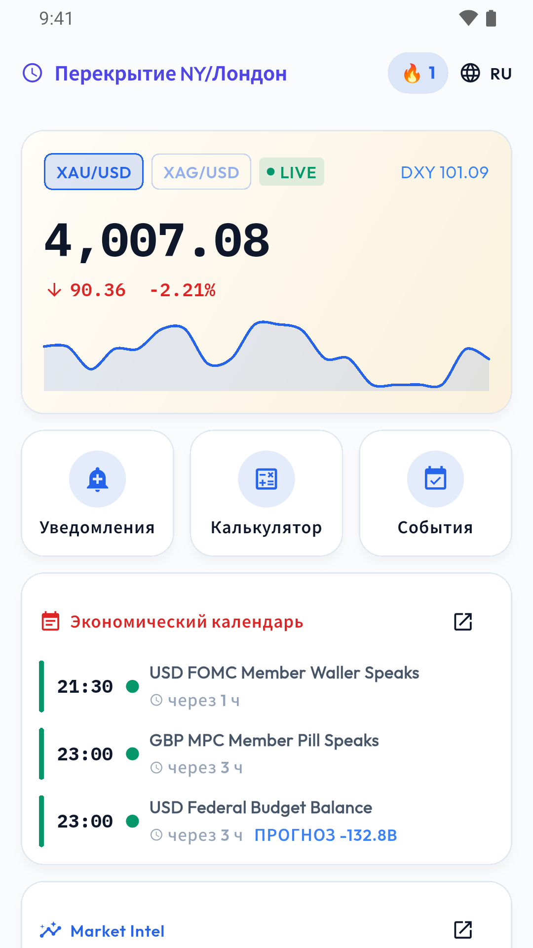 Главный экран приложения ALTYN — цена XAU/USD, календарь и Market Intel